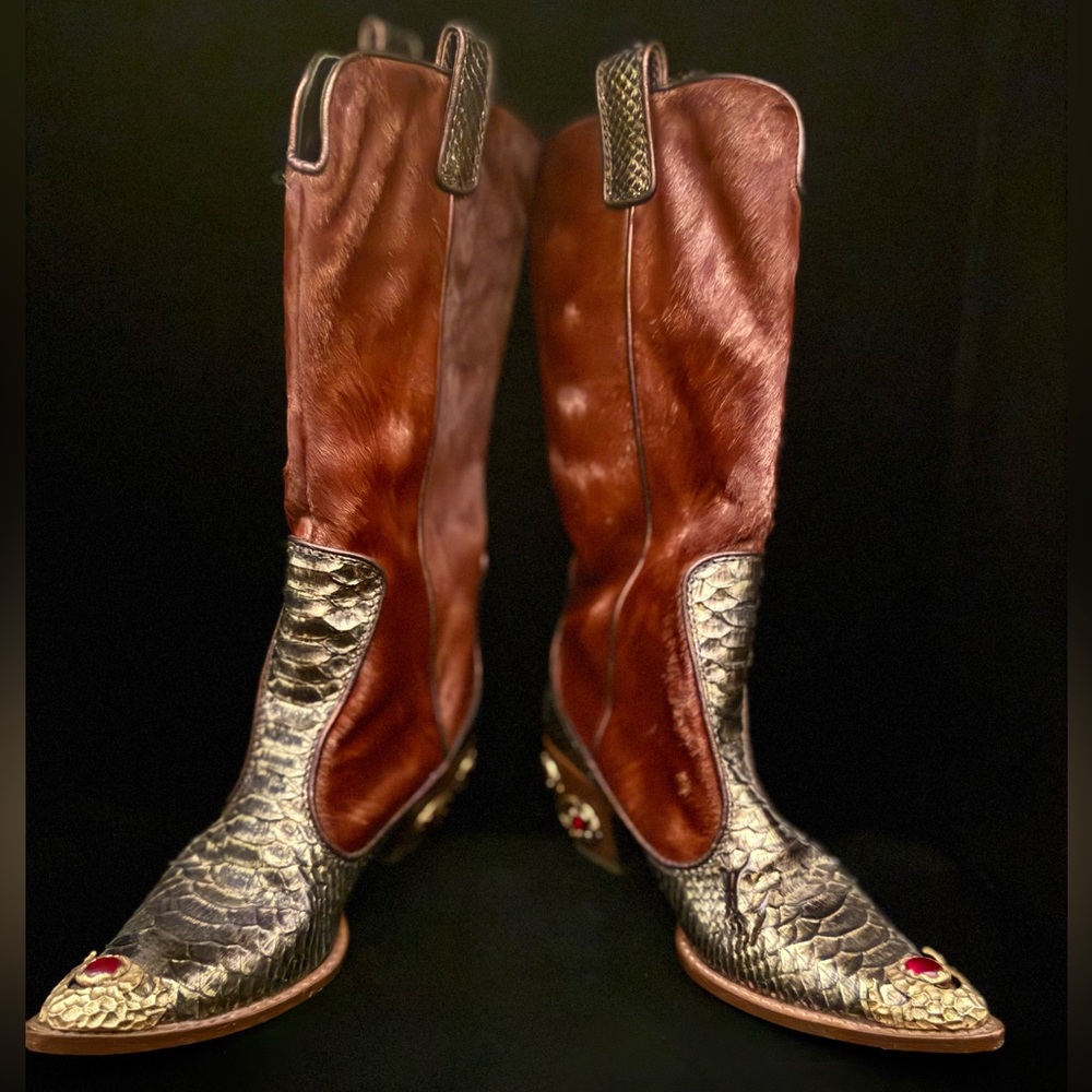 Stagecoach Ready! Giuseppe Zanotti Leather Hide & Bronze Python Cowboy Boots